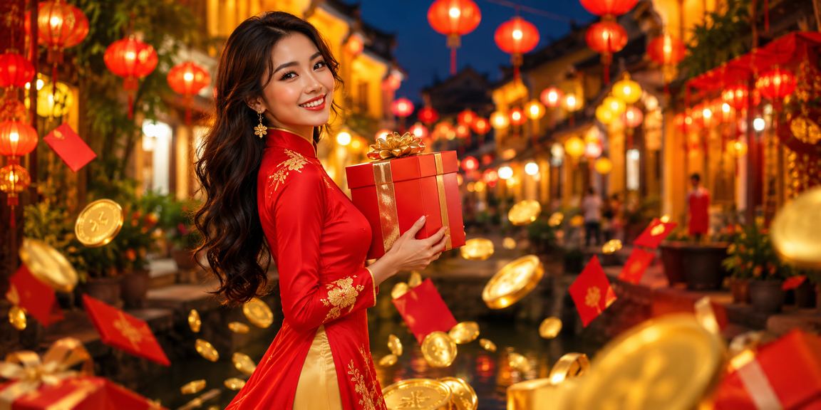 Phong bì đỏ và lồng đèn Hội An tượng trưng cho khuyến mãi thưởng tại 12450hx